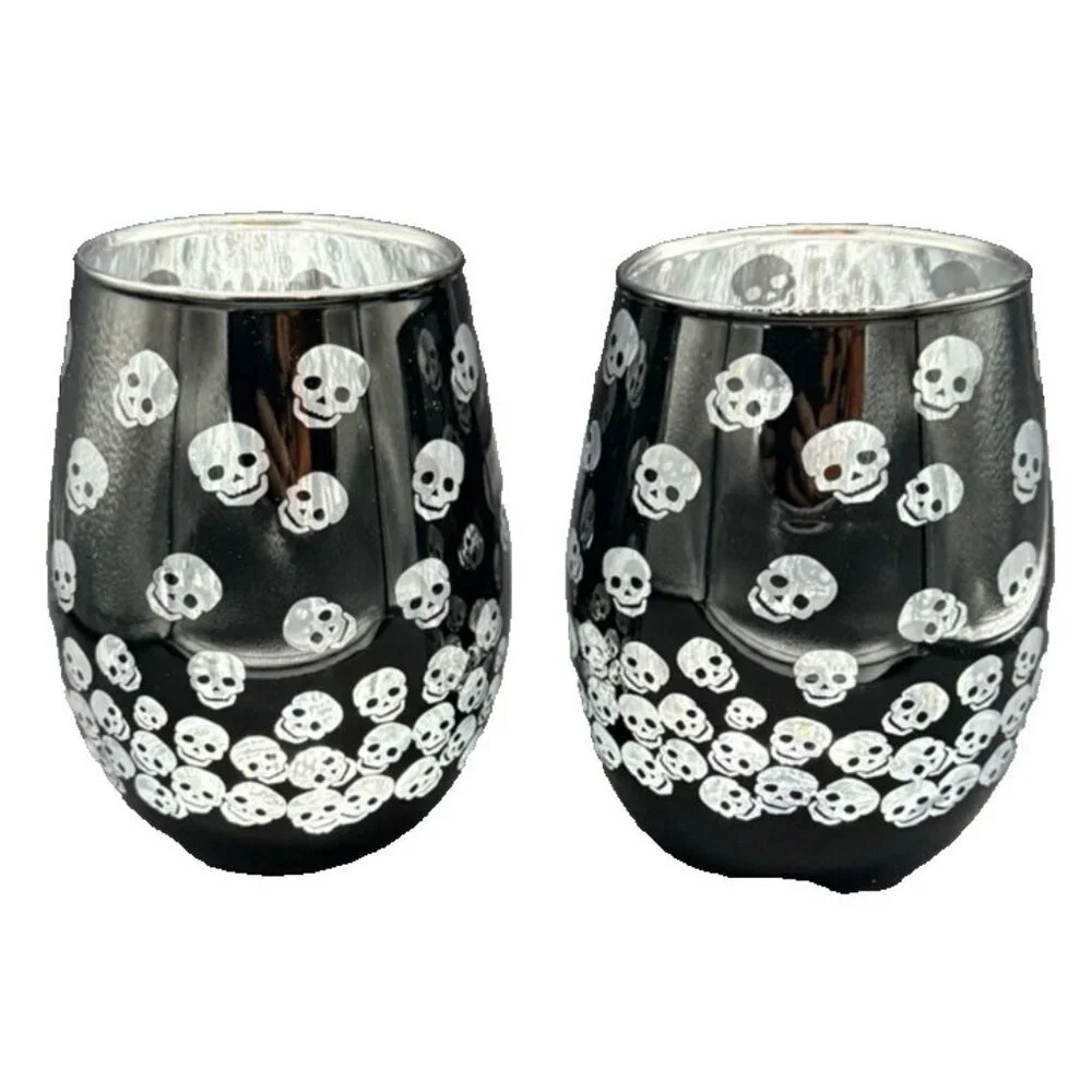 2 Stemless Black Silver Lining Skelton Skull Wine Drink Barware Glasses 5